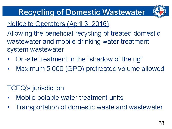 Recycling of Domestic Wastewater Notice to Operators (April 3, 2016) Allowing the beneficial recycling
