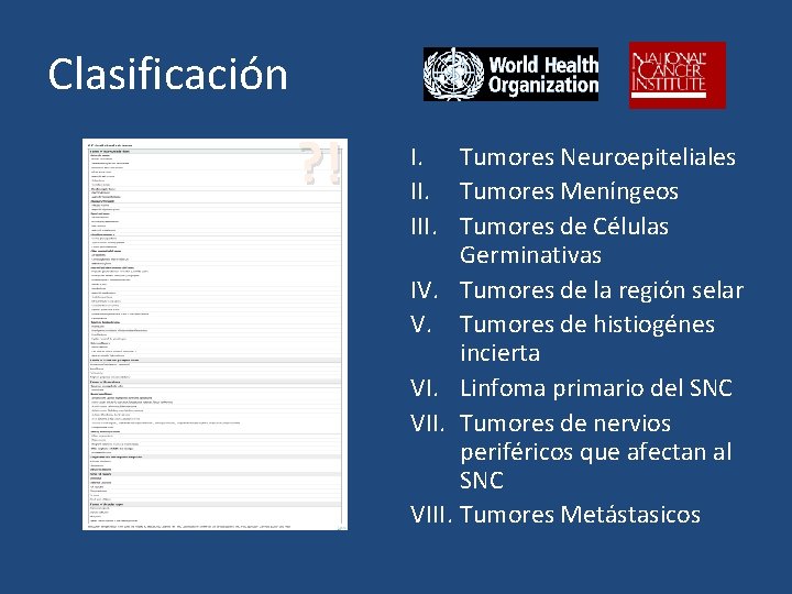 Clasificación ? ! I. Tumores Neuroepiteliales II. Tumores Meníngeos III. Tumores de Células Germinativas
