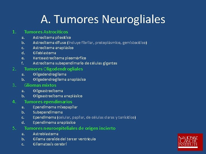 A. Tumores Neurogliales 1. 2. 3. 4. 5. Tumores Astrocíticos a. b. c. d.