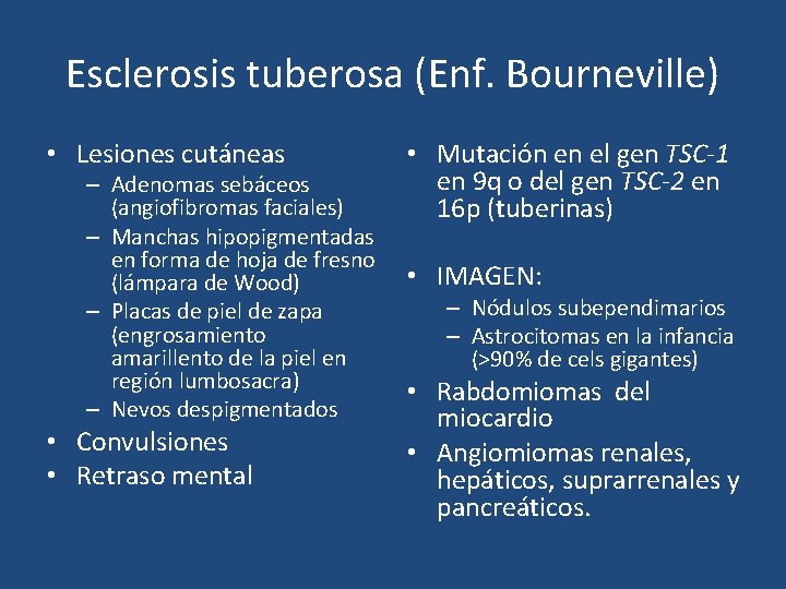 Esclerosis tuberosa (Enf. Bourneville) • Lesiones cutáneas – Adenomas sebáceos (angiofibromas faciales) – Manchas