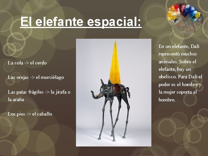 El elefante espacial: La cola -> el cerdo Las orejas -> el murciélago Las