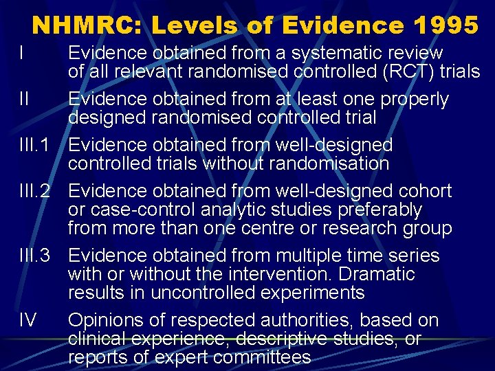NHMRC: Levels of Evidence 1995 I Evidence obtained from a systematic review of all