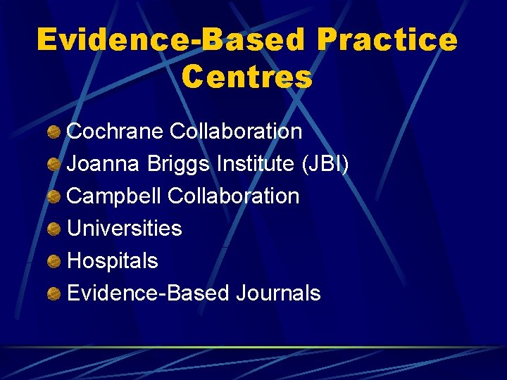 Evidence-Based Practice Centres Cochrane Collaboration Joanna Briggs Institute (JBI) Campbell Collaboration Universities Hospitals Evidence-Based