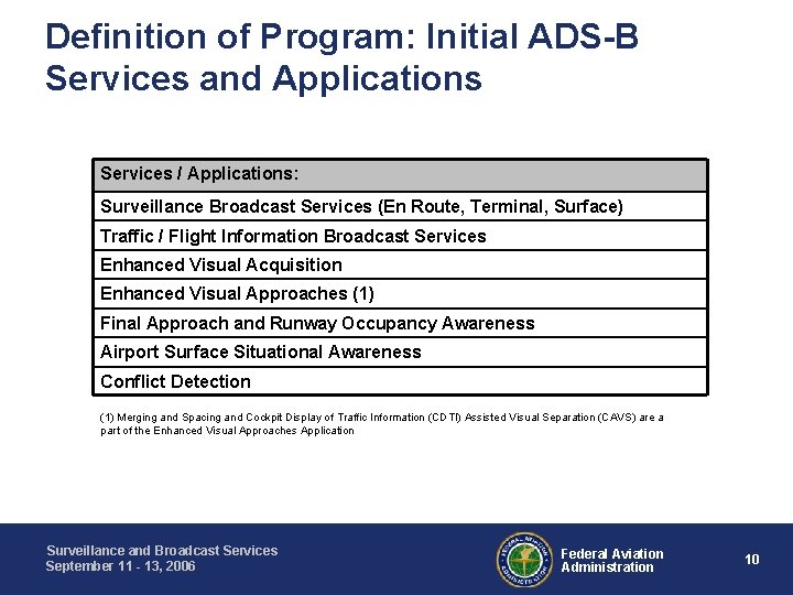 Definition of Program: Initial ADS-B Services and Applications Services / Applications: Surveillance Broadcast Services