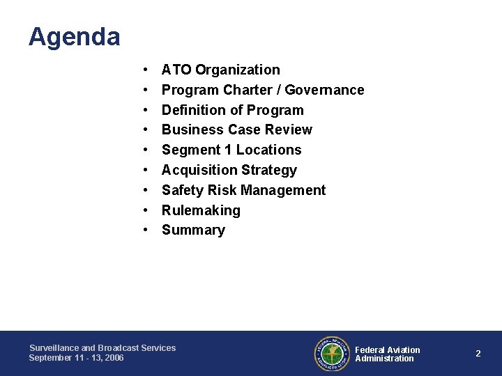 Agenda • • • ATO Organization Program Charter / Governance Definition of Program Business