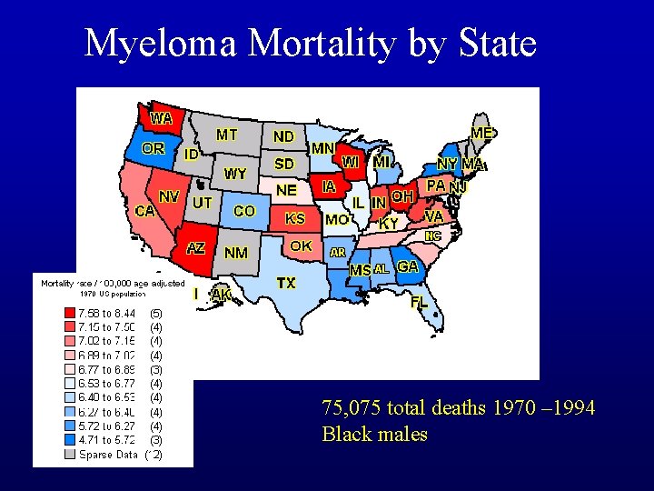 Myeloma Mortality by State 75, 075 total deaths 1970 – 1994 Black males 