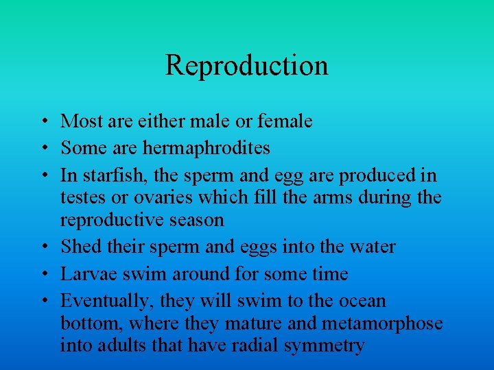 Reproduction • Most are either male or female • Some are hermaphrodites • In