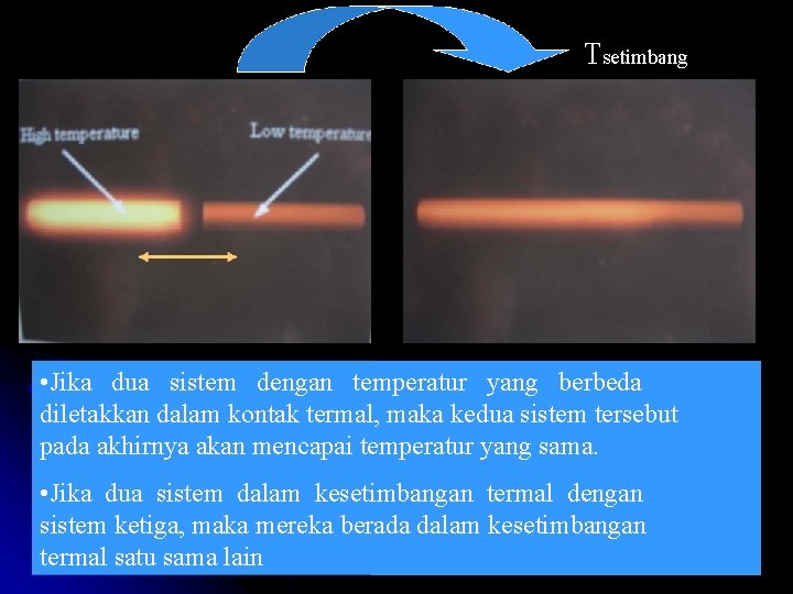 Tsetimbang • Jika dua sistem dengan temperatur yang berbeda diletakkan dalam kontak termal, maka