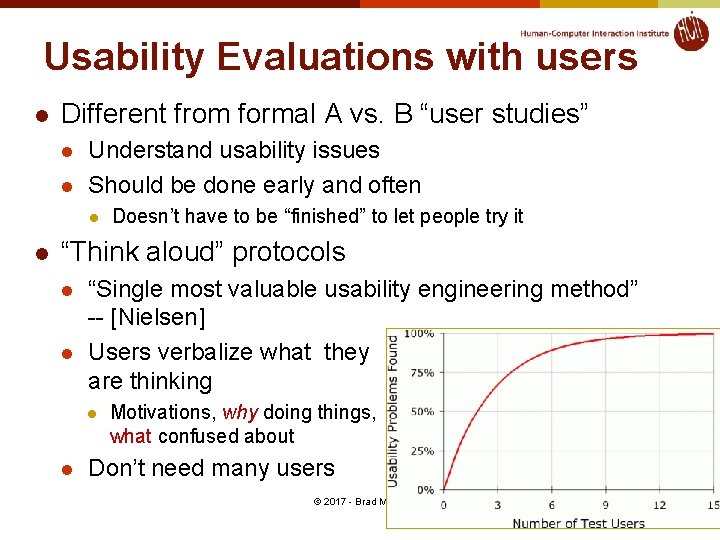 Usability Evaluations with users l Different from formal A vs. B “user studies” l