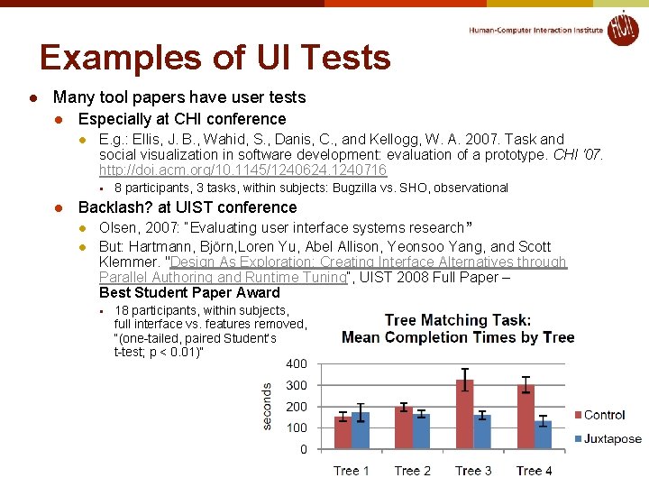 Examples of UI Tests l Many tool papers have user tests l Especially at