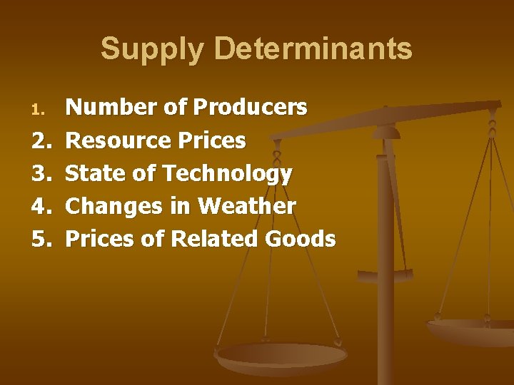 Supply Determinants 1. 2. 3. 4. 5. Number of Producers Resource Prices State of