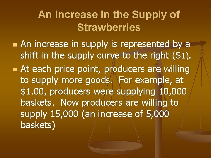 An Increase In the Supply of Strawberries n n An increase in supply is