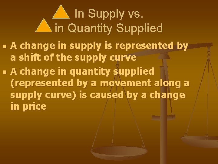 In Supply vs. in Quantity Supplied n n A change in supply is represented