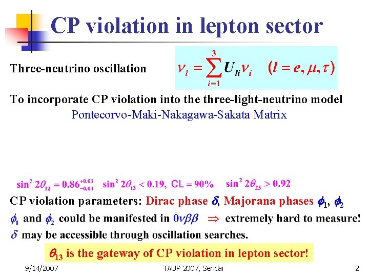CP violation in lepton sector Three-neutrino oscillation To incorporate CP violation into the three-light-neutrino