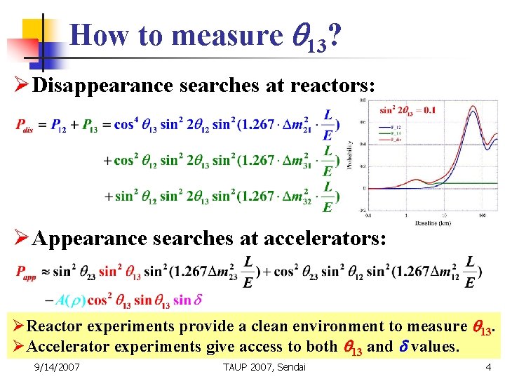 How to measure 13? ØDisappearance searches at reactors: ØAppearance searches at accelerators: ØReactor experiments