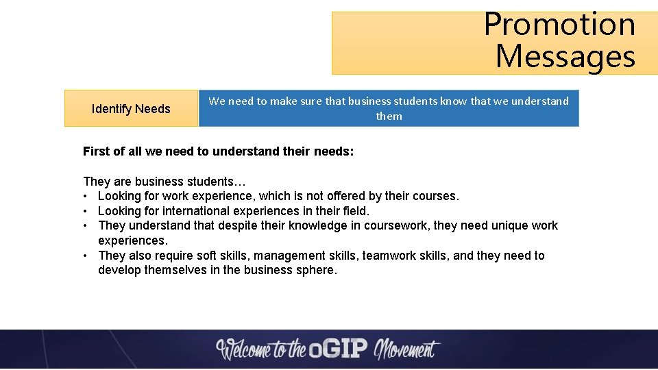Promotion Messages Identify Needs We need to make sure that business students know that