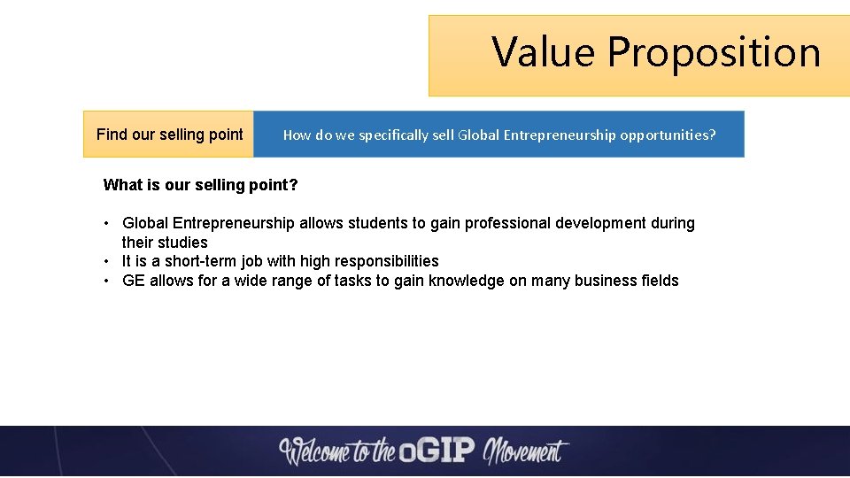 Value Proposition Find our selling point How do we specifically sell Global Entrepreneurship opportunities?