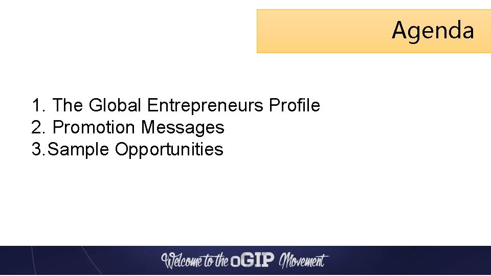 Agenda 1. The Global Entrepreneurs Profile 2. Promotion Messages 3. Sample Opportunities 