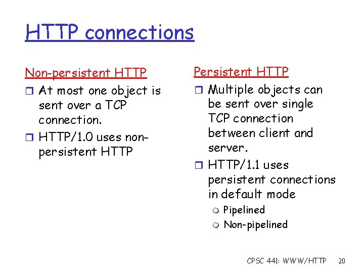 HTTP connections Non-persistent HTTP r At most one object is sent over a TCP
