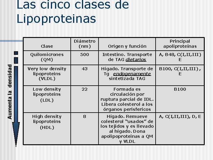 Las cinco clases de Lipoproteinas Aumenta la densidad Clase Diámetro (nm) Origen y función