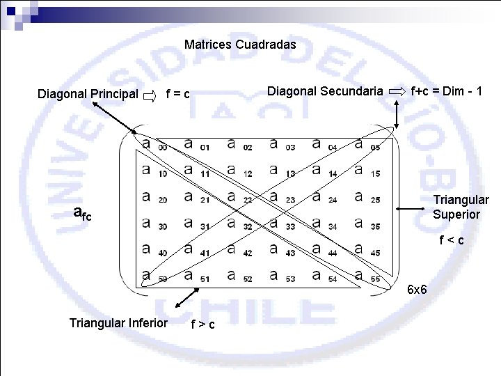 Matrices Cuadradas Diagonal Principal Diagonal Secundaria f=c f+c = Dim - 1 Triangular Superior