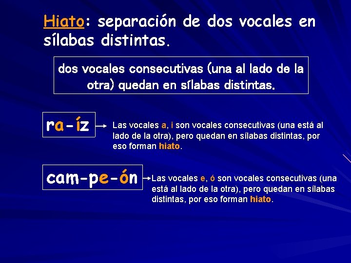 Hiato: separación de dos vocales en sílabas distintas. dos vocales consecutivas (una al lado