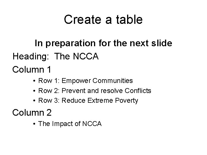 Create a table In preparation for the next slide Heading: The NCCA Column 1