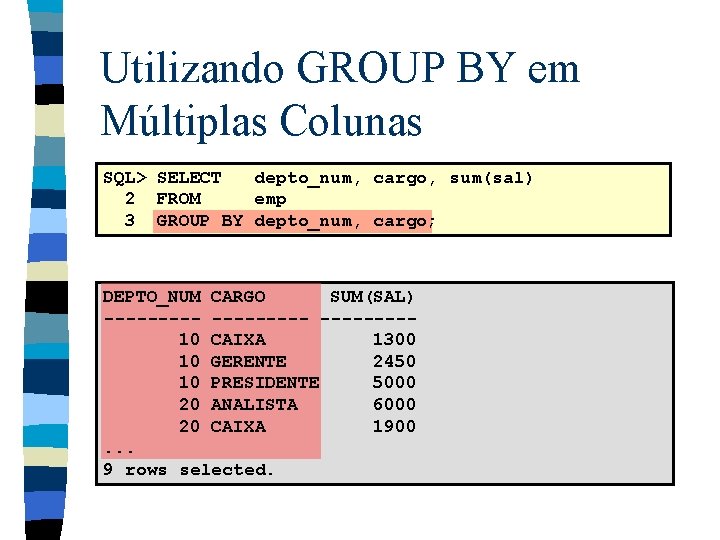 Utilizando GROUP BY em Múltiplas Colunas SQL> SELECT depto_num, cargo, sum(sal) 2 FROM emp