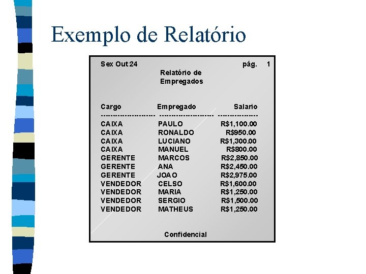 Exemplo de Relatório Sex Out 24 pág. Relatório de Empregados Cargo Empregado ------------CAIXA PAULO