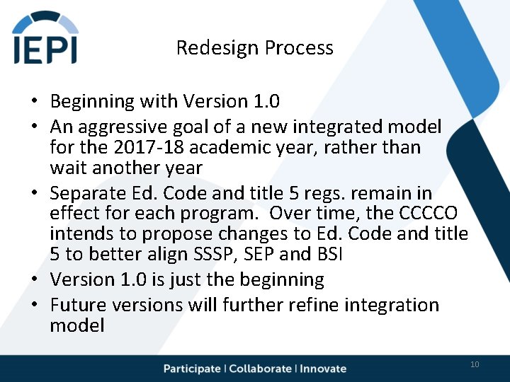 Redesign Process • Beginning with Version 1. 0 • An aggressive goal of a