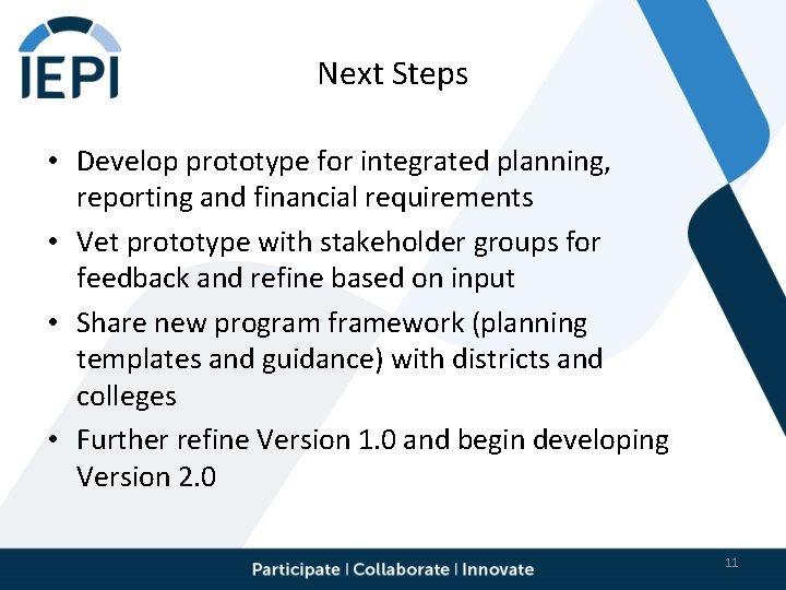 Next Steps • Develop prototype for integrated planning, reporting and financial requirements • Vet