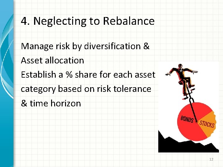 4. Neglecting to Rebalance Manage risk by diversification & Asset allocation Establish a %