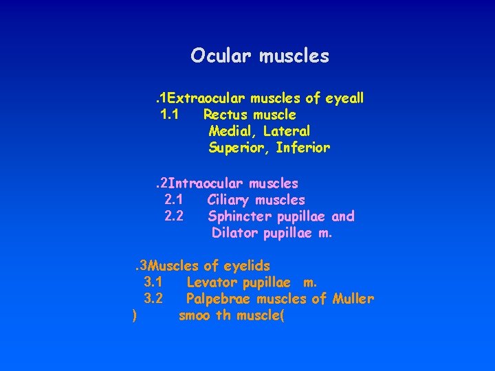 Ocular muscles. 1 Extraocular muscles of eyeall 1. 1 Rectus muscle Medial, Lateral Superior,