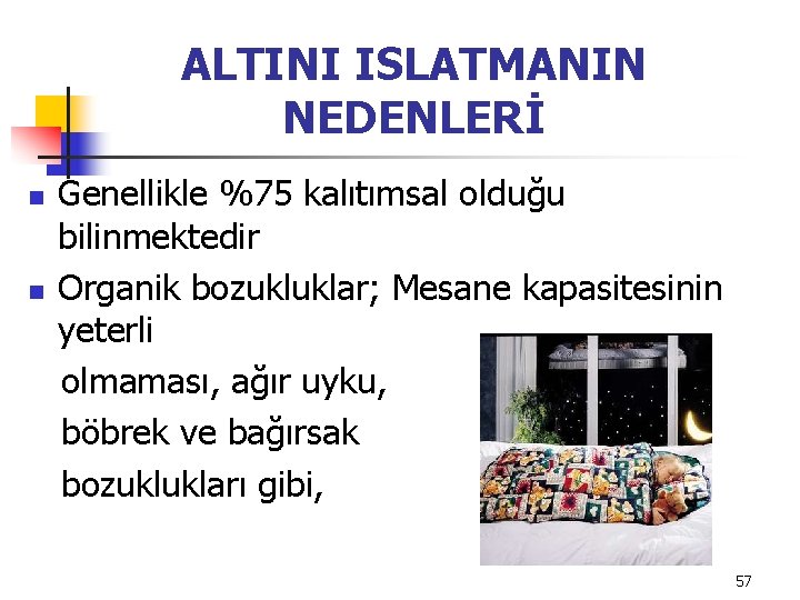 ALTINI ISLATMANIN NEDENLERİ Genellikle %75 kalıtımsal olduğu bilinmektedir n Organik bozukluklar; Mesane kapasitesinin yeterli