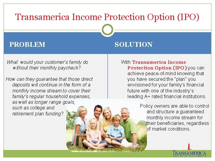 Transamerica Income Protection Option (IPO) PROBLEM What would your customer’s family do without their