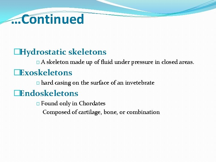 …Continued �Hydrostatic skeletons �A skeleton made up of fluid under pressure in closed areas.