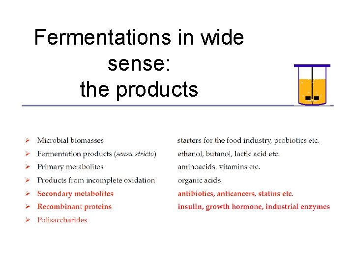 Fermentations in wide sense: the products 