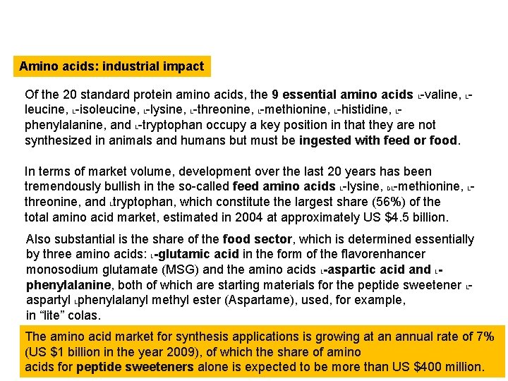 Amino acids: industrial impact Of the 20 standard protein amino acids, the 9 essential