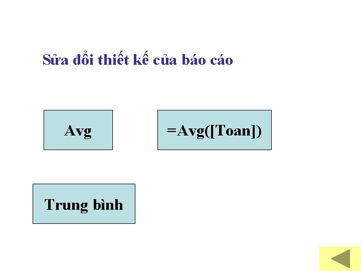 Sửa đổi thiết kế của báo cáo Avg Trung bình =Avg([Toan]) 