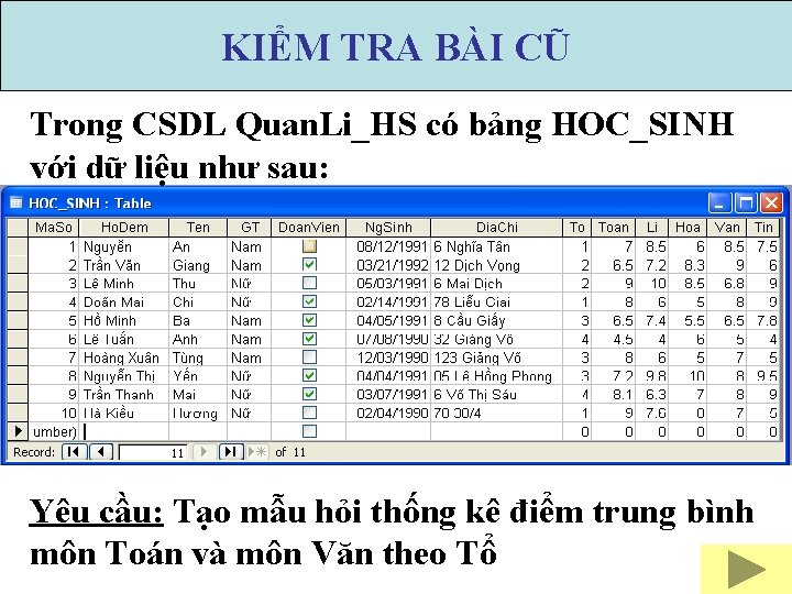 KIỂM TRA BÀI CŨ Trong CSDL Quan. Li_HS có bảng HOC_SINH với dữ liệu