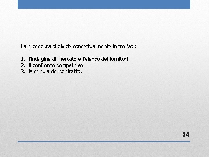 La procedura si divide concettualmente in tre fasi: 1. l’indagine di mercato e l’elenco