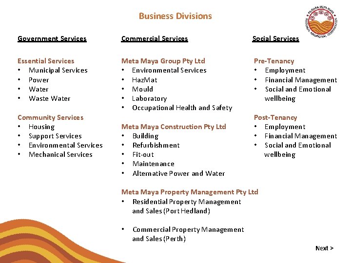 Business Divisions Government Services Commercial Services Social Services Essential Services • Municipal Services •