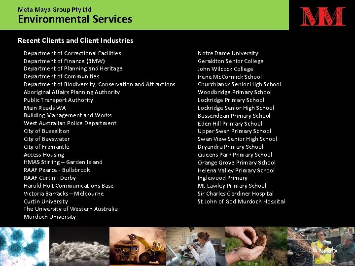 Meta Maya Group Pty Ltd Environmental Services Recent Clients and Client Industries Department of