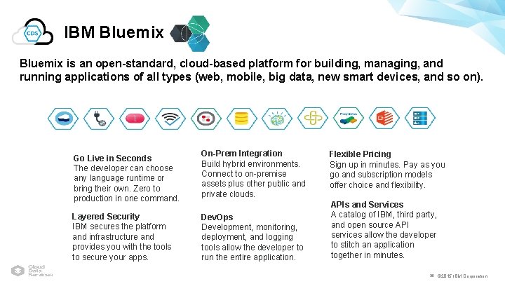 IBM Bluemix is an open-standard, cloud-based platform for building, managing, and running applications of