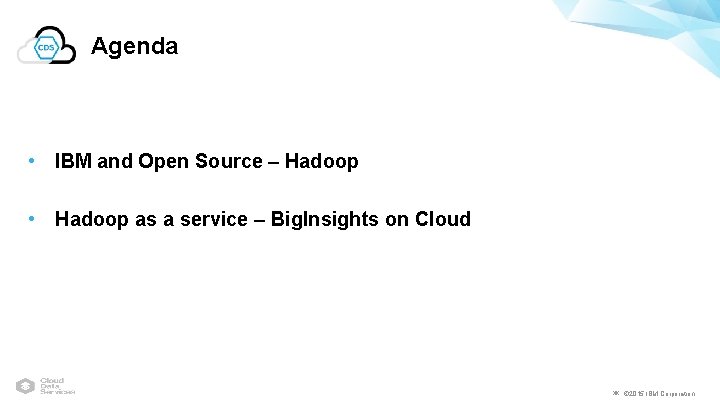 Agenda • IBM and Open Source – Hadoop • Hadoop as a service –