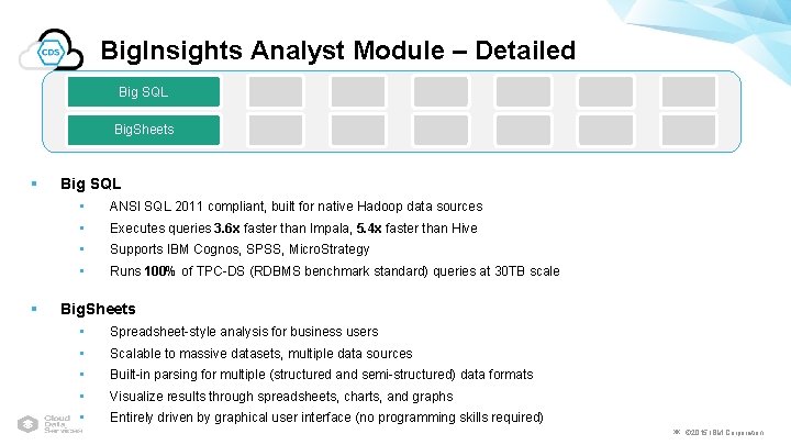 Big. Insights Analyst Module – Detailed Big SQL Big. Sheets § § Big SQL