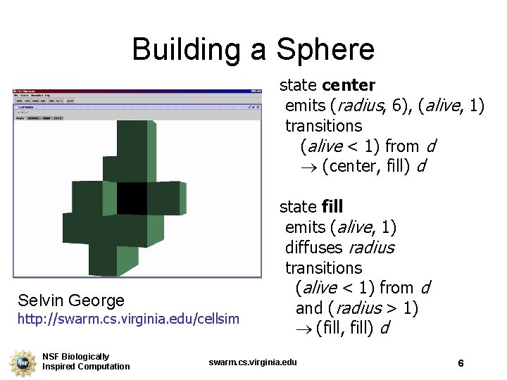 Building a Sphere state center emits (radius, 6), (alive, 1) transitions (alive < 1)