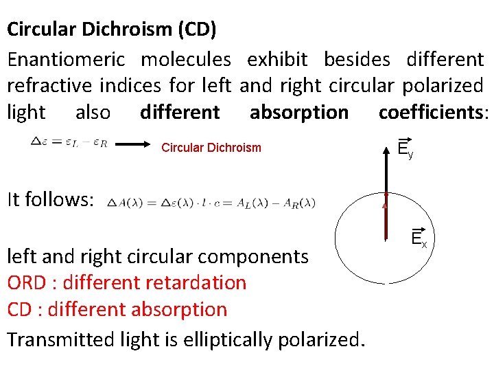 Circular Dichroism (CD) Enantiomeric molecules exhibit besides different refractive indices for left and right