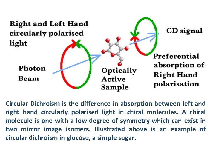Circular Dichroism is the difference in absorption between left and right hand circularly polarised