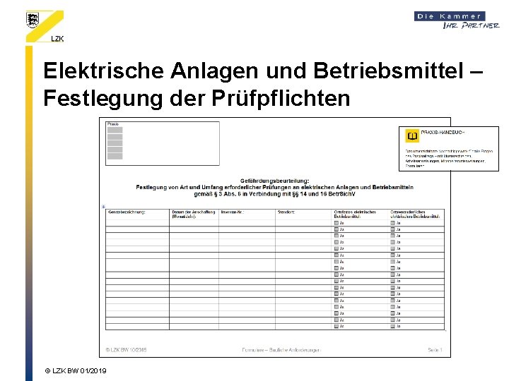 Elektrische Anlagen und Betriebsmittel – Festlegung der Prüfpflichten © LZK BW 01/2019 